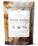 Truvani Protein Energy Drink Mix Chocolate Mocha tub with scoop for easy prep.
