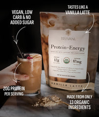Truvani Protein Energy prepared shake in glass for on-the-go fuel