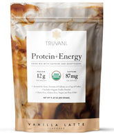 Truvani Protein Energy Vanilla Latte tub close-up for premium plant protein