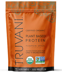 Truvani Pumpkin Spice protein bottle shows premium organic ingredients for keto-friendly nutrition