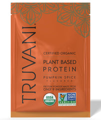 Truvani pumpkin spice vegan pea protein powder tub front view highlighting organic ingredients for clean nutrition