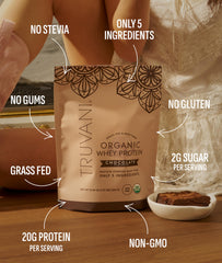 Truvani Organic Whey Protein Powder packaging shows USDA Organic label