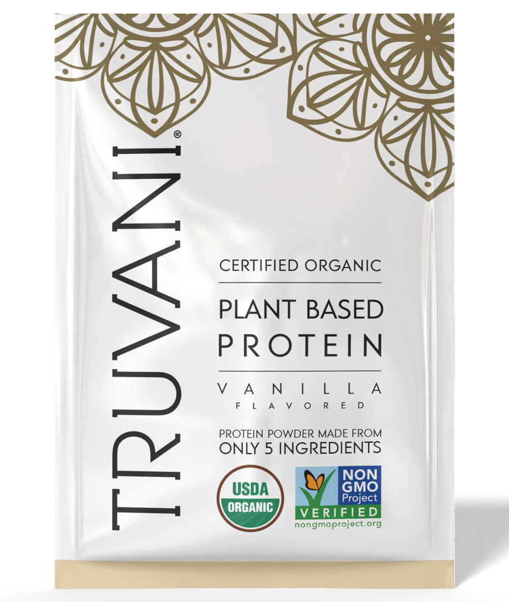 Truvani Vanilla pea protein powder; a clean plant-based protein for dairy-free shakes.