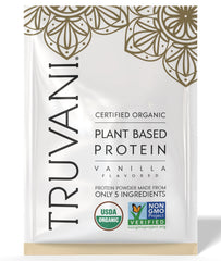 Truvani Vanilla pea protein powder; a clean plant-based protein for dairy-free shakes.