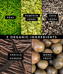 Truvani vanilla protein bottle label; showcases organic, non-GMO ingredients.