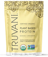 Truvani vegan pea protein banana cinnamon canister for clean plant-based nutrition.