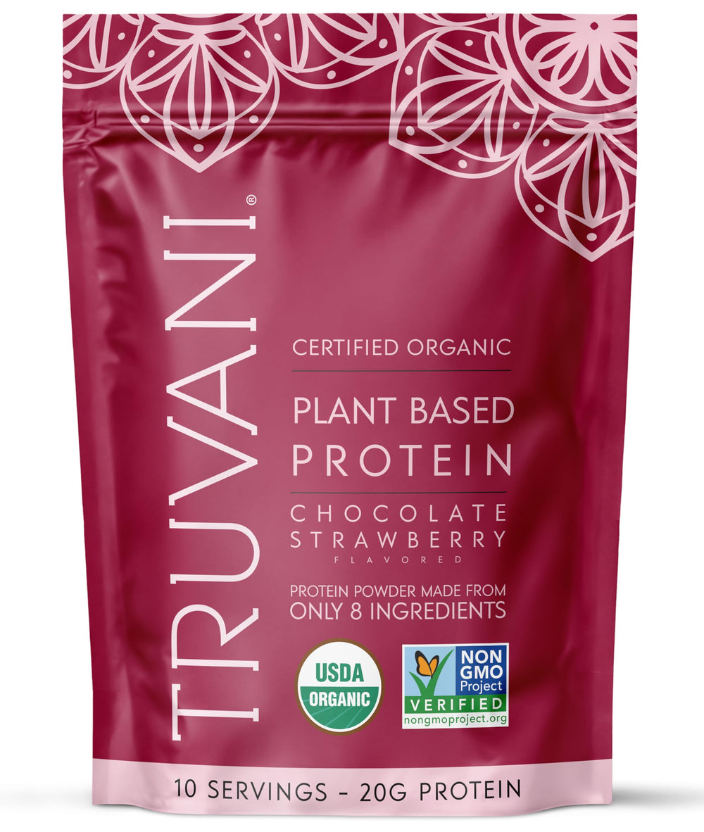 Truvani vegan pea protein bottle showing chocolate strawberry flavor for daily shakes.