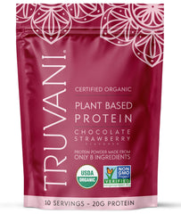 Truvani vegan pea protein bottle showing chocolate strawberry flavor for daily shakes.