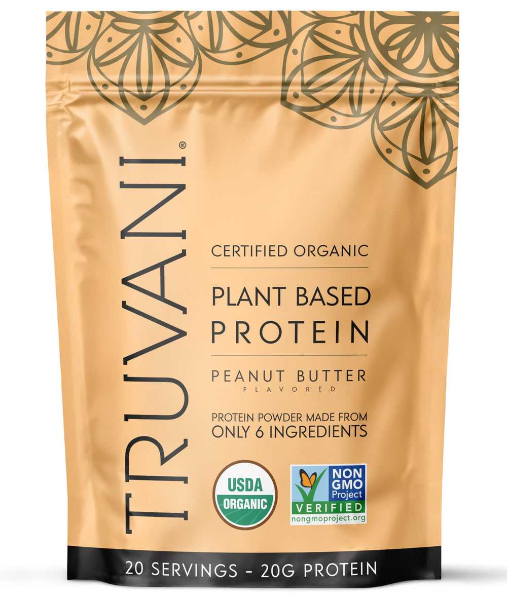 Truvani vegan pea protein peanut butter jar shows premium ingredients for plant-based meals.