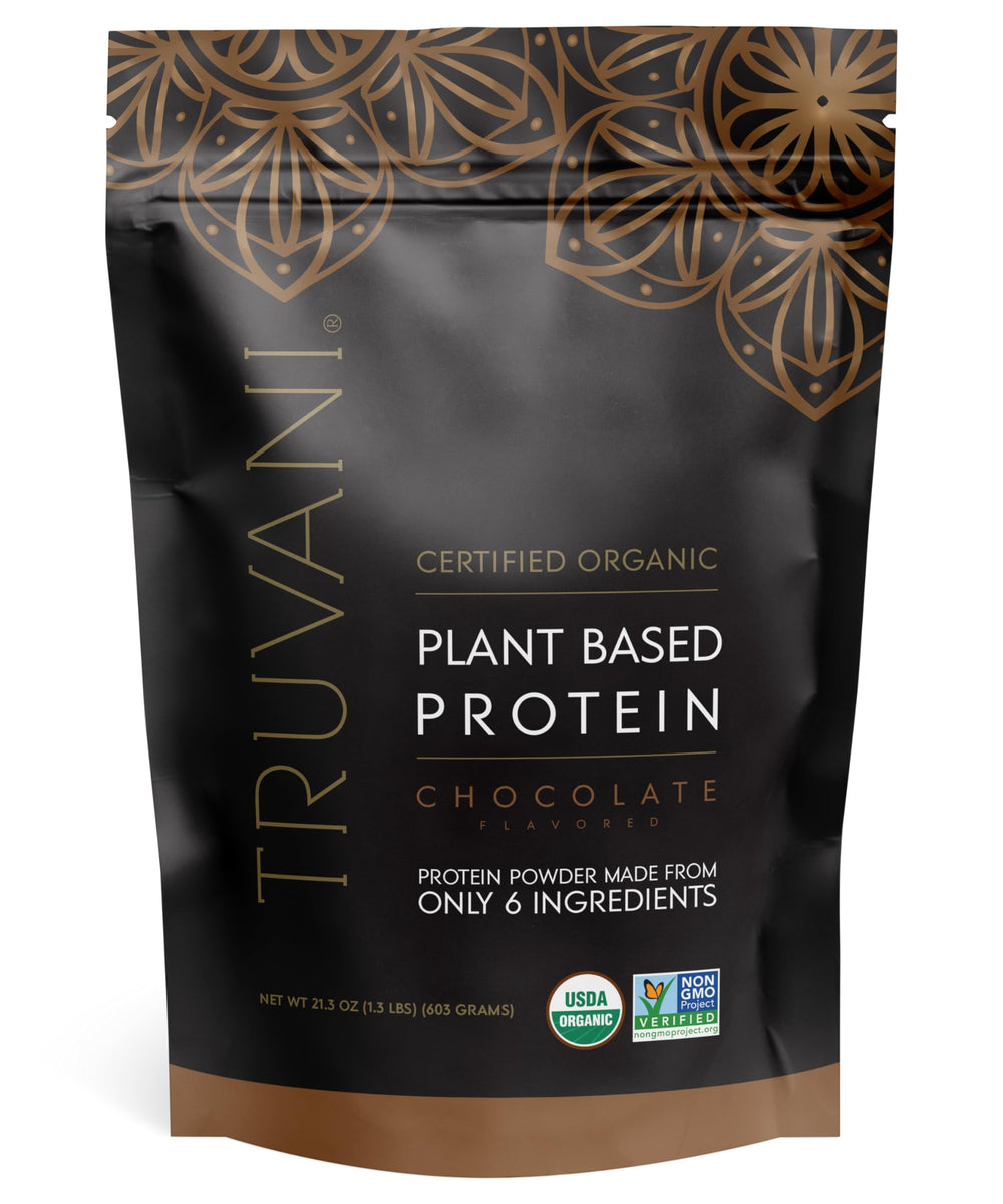 Truvani Chocolate pea protein powder pour for post-workout shakes.