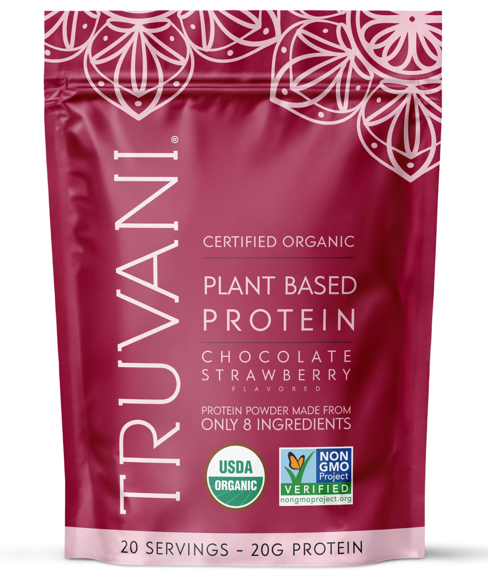 Truvani vegan pea protein powder canister front view for clean, plant-based nutrition.