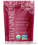Truvani vegan pea protein powder canister front view for clean, plant-based nutrition.