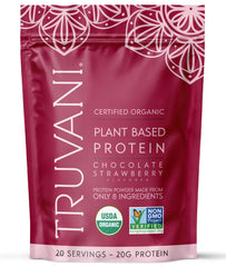 Truvani vegan pea protein powder canister front view for clean, plant-based nutrition.