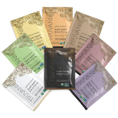 Truvani vegan pea protein powder sample-pack label highlighting organic ingredients for clean nutrition