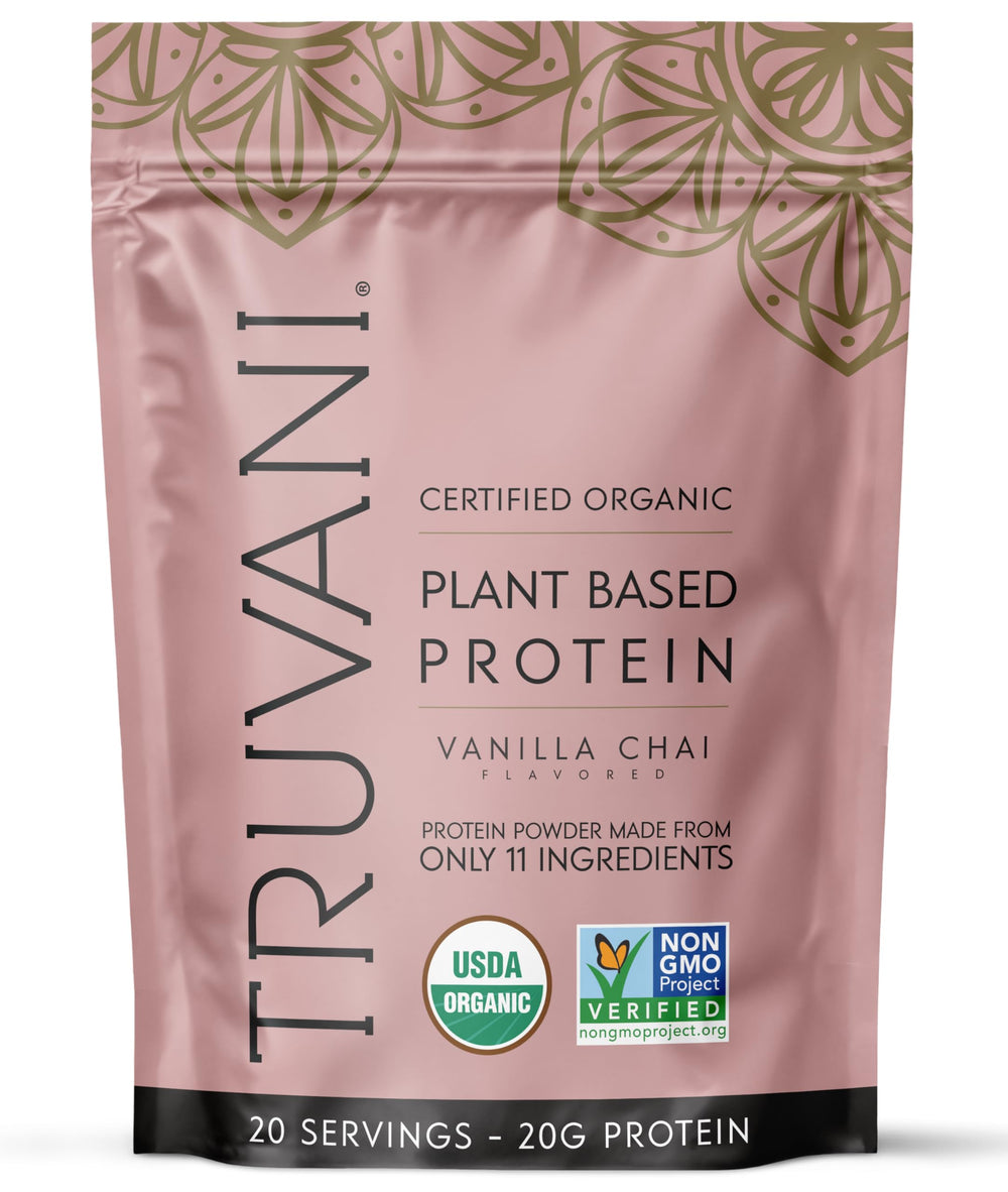 Truvani Vanilla Chai vegan pea protein bottle highlights organic quality for quick meals