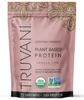 Truvani Vanilla Chai vegan pea protein bottle highlights organic quality for quick meals