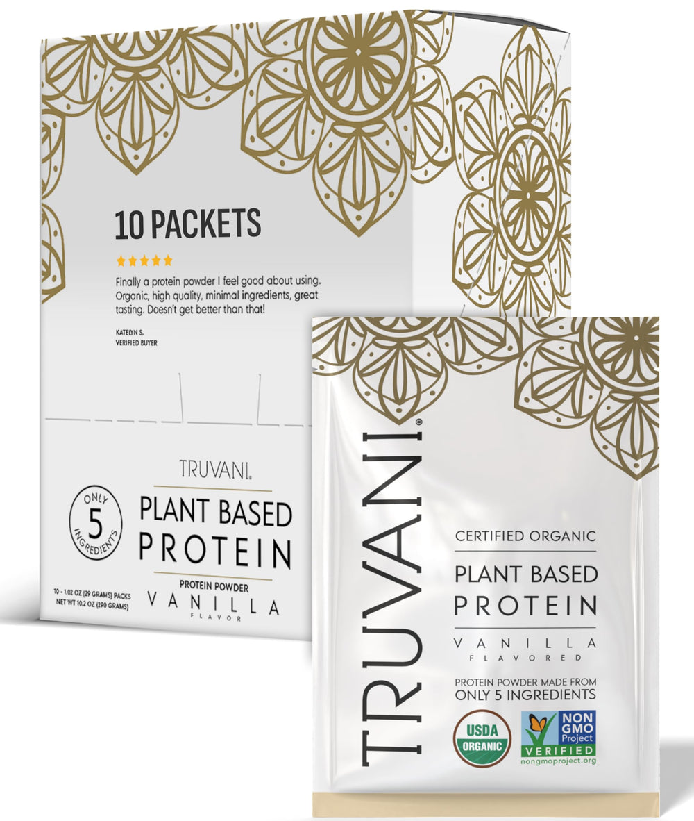Truvani vegan pea protein vanilla packaging close-up highlights organic ingredients for clean nutrition.