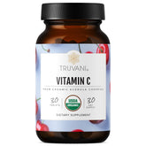 Truvani Vitamin C bottle close-up highlighting real food formula for immune support.