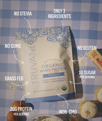 Truvani whey powder close-up reveals natural texture without gums or fillers.