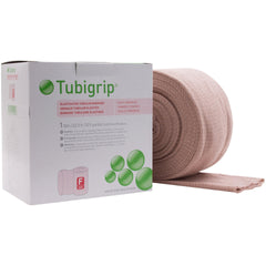Tubigrip Size F tubular bandage box in beige showing easy-to-use packaging and portable size