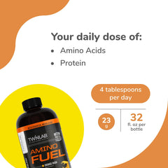 Twinlab Amino Fuel measuring spoon shows daily serving guidance for consistent intake
