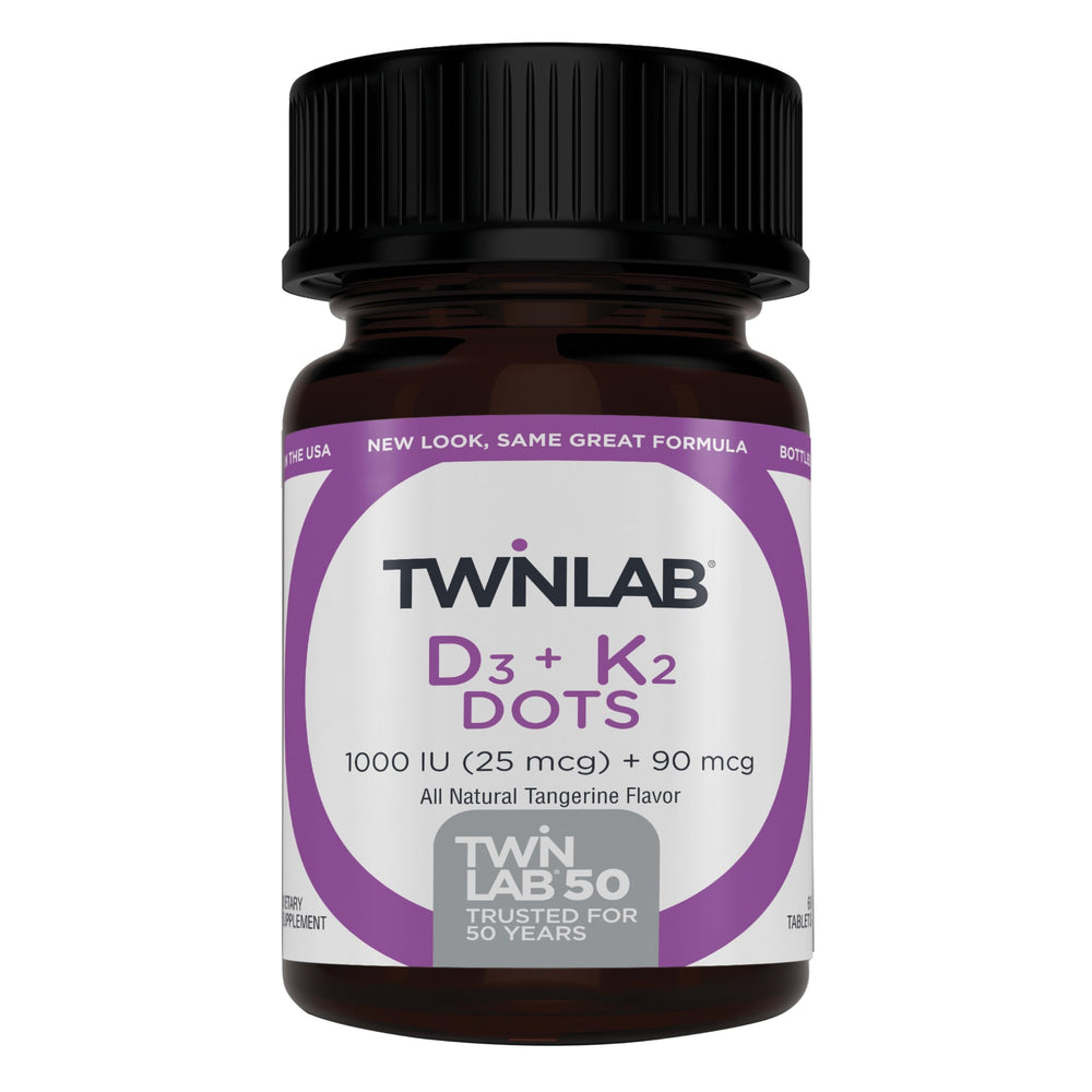 Twinlab D3 K2 Dots bottle front for bone health and immune support.