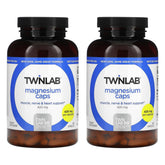 Twinlab Magnesium Caps bottle close-up shows high-absorption formula for potential leg cramps relief.