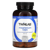 Twinlab Magnesium Caps front bottle shows high-absorption formula for muscle support.