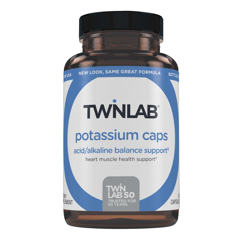 Twinlab Potassium Caps bottle front view highlighting electrolyte support for heart and muscle health.