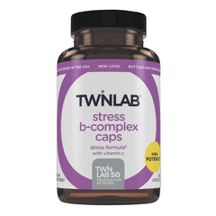 Twinlab Stress B-Complex caps shown for energy support in easy-to-take capsules.
