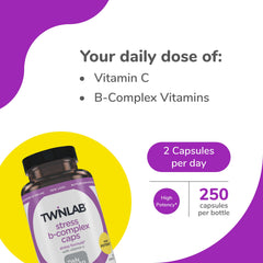 Close-up of Twinlab Stress B-Complex label detailing ingredients and vitamins.