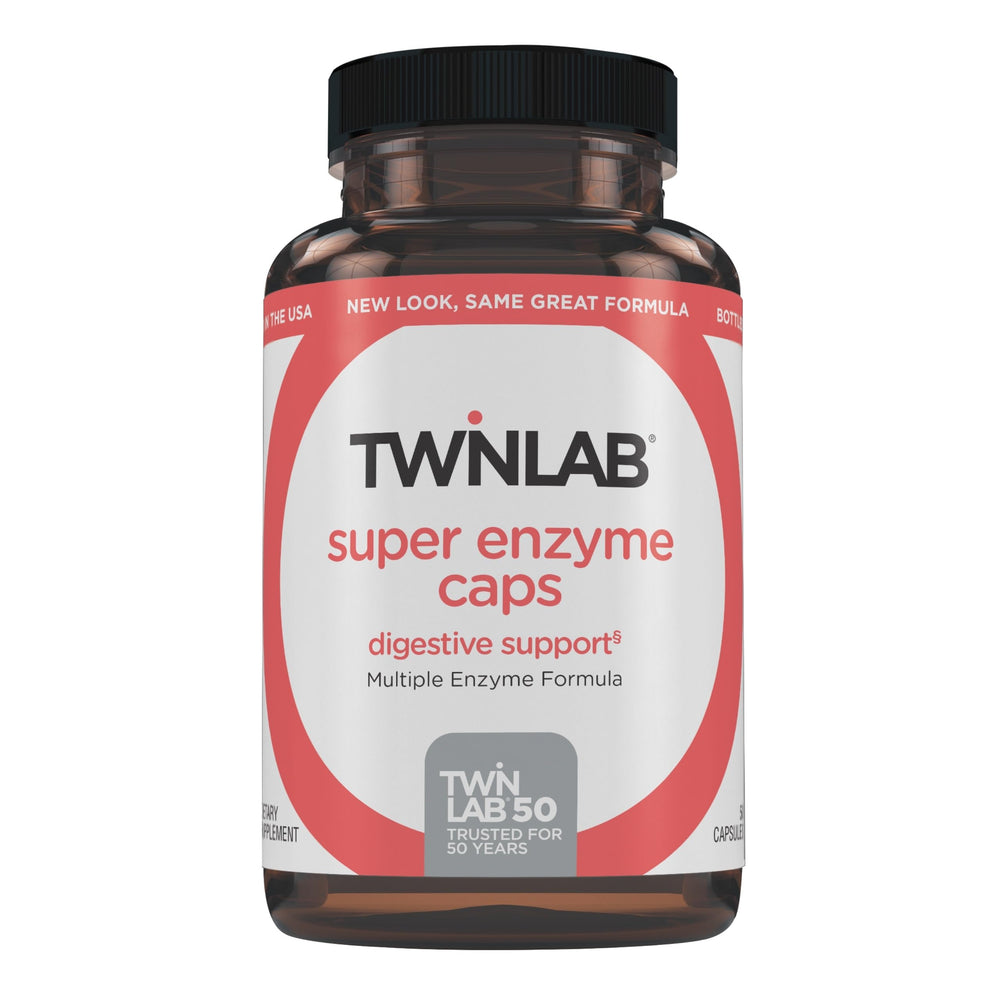 Twinlab Super Enzyme Caps bottle shown for digestive support and everyday comfort.