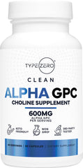 Type Zero Ultra Clean Alpha GPC bottle front showing 600 mg per capsule for daily focus