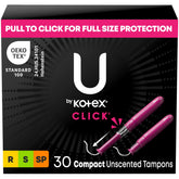 U by Kotex Click tampons in vibrant packaging for on-the-go protection