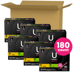 Plastic-wrapped U by Kotex Click tampons in purse-friendly packaging for daily carry
