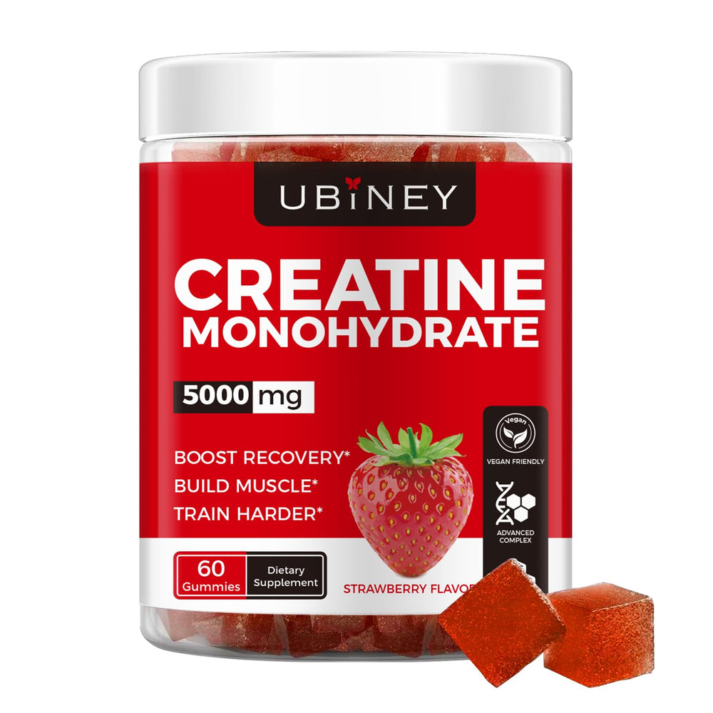 Ubiney Creatine Monohydrate Gummies jar with strawberry flavor for convenient workouts