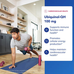 Ubiquinol-QH capsule close-up emphasizing 100 mg CoQ10 per serving for daily vitality.