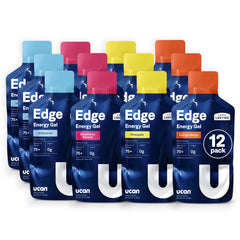 UCAN Edge 12-pack energy gel shots for steady running energy.