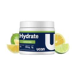 UCAN Hydrate Lemon-Lime tub front promoting steady electrolyte balance for workouts