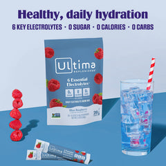 Glass of blue raspberry Ultima drink over ice for cooling hydration.