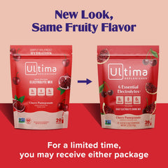 Ultima Replenisher cherry pomegranate stickpack flavor ready to mix in a cold glass.