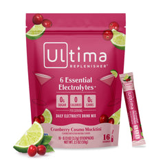 Ultima Replenisher Cranberry Cosmo stickpack on table for quick hydration