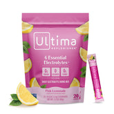 Ultima Replenisher pink lemonade packet ready to mix for on-the-go hydration with 6 electrolytes.