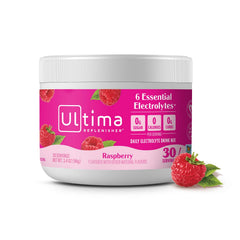 Ultima Replenisher raspberry electrolyte powder canister on shelf for everyday hydration