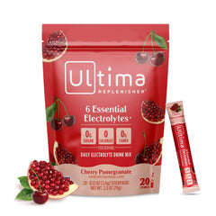 Ultima Replenisher daily electrolyte powder stickpack dissolving in water for on-the-go hydration.