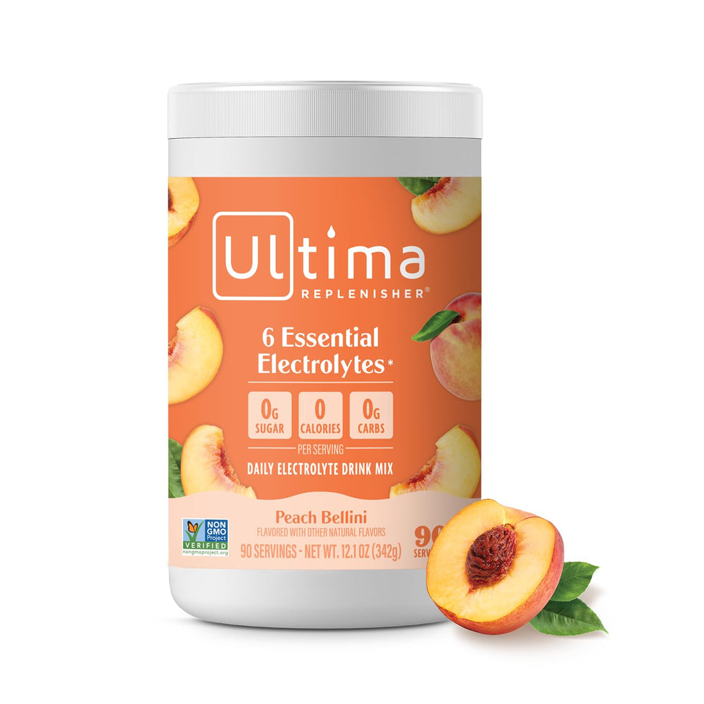 Ultima Replenisher Mocktini Peach Bellini powder, refreshing daily hydration with electrolytes.