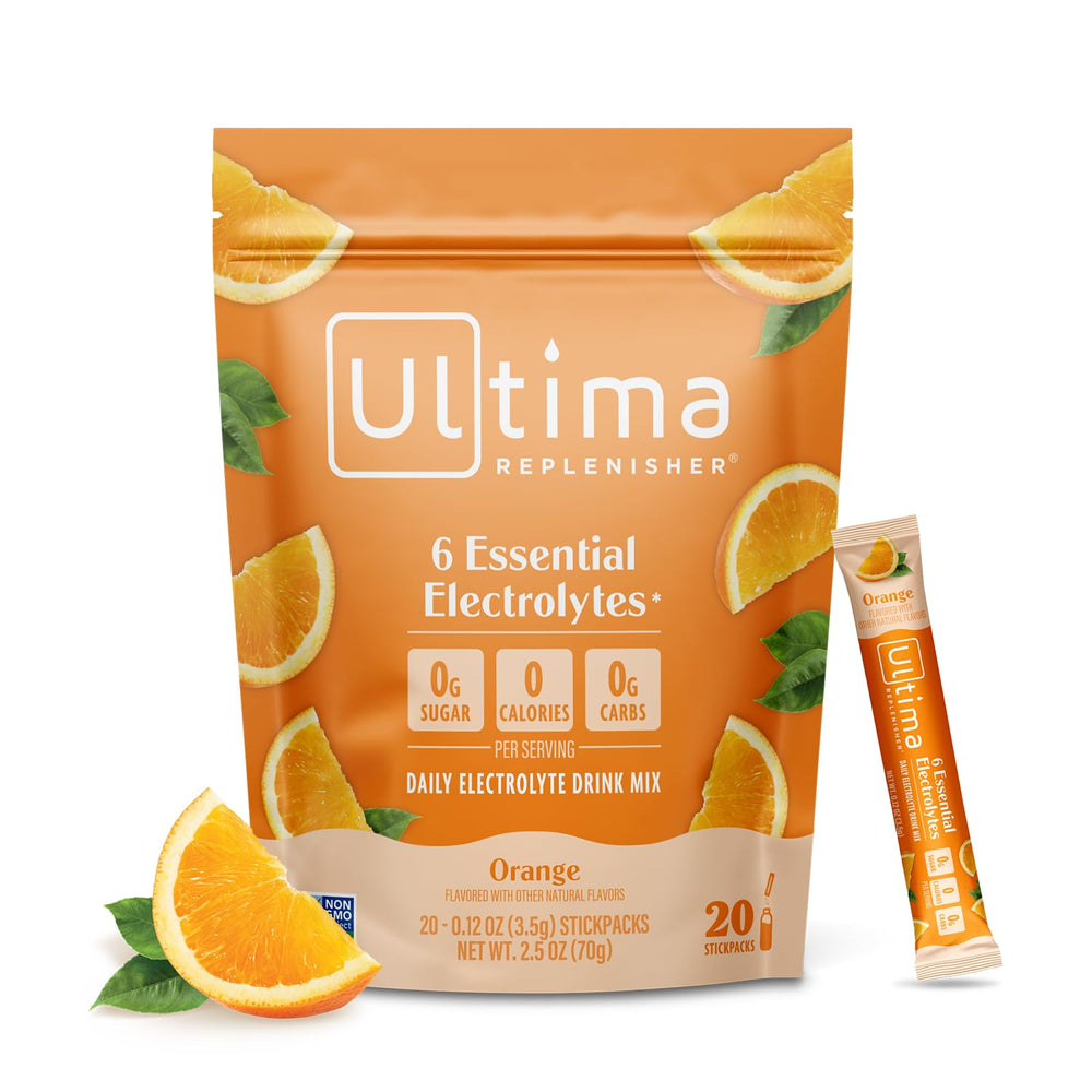 Ultima Replenisher orange stickpack closeup for on-the-go hydration