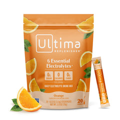 Ultima Replenisher orange stickpack closeup for on-the-go hydration