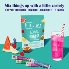 Ultima Replenisher pink lemonade packet delivering refreshing, zero-calorie hydration.