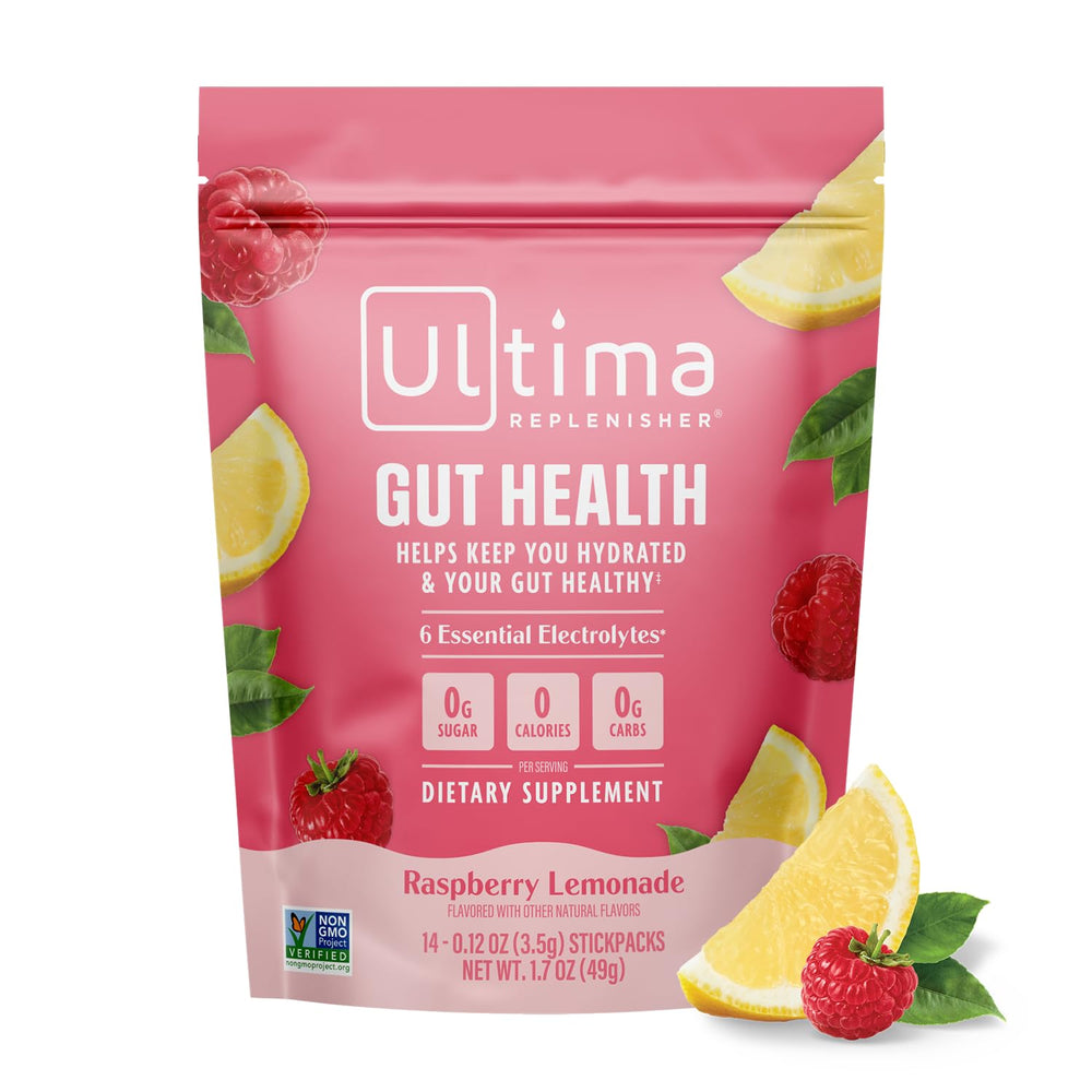 Ultima Replenisher Raspberry Lemonade stickpack for hydrating electrolytes and gut-friendly ingredients.